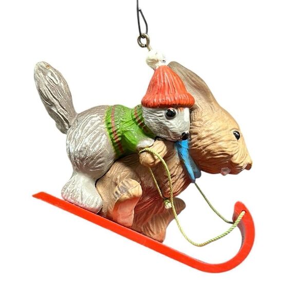 Vintage Hallmark Christmas Ornament 1979 The Downhill Run Squirrel Rabbit Sled - Picture 1 of 12